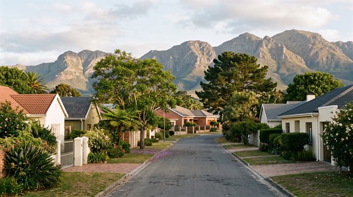 A residential street in George with the Outeniqua mountains behind