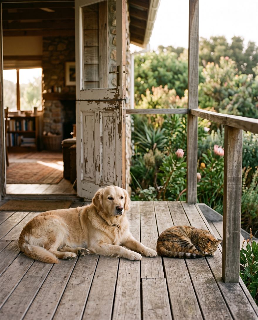 A dog and a cat resting together on the stoep of a Garden Route home