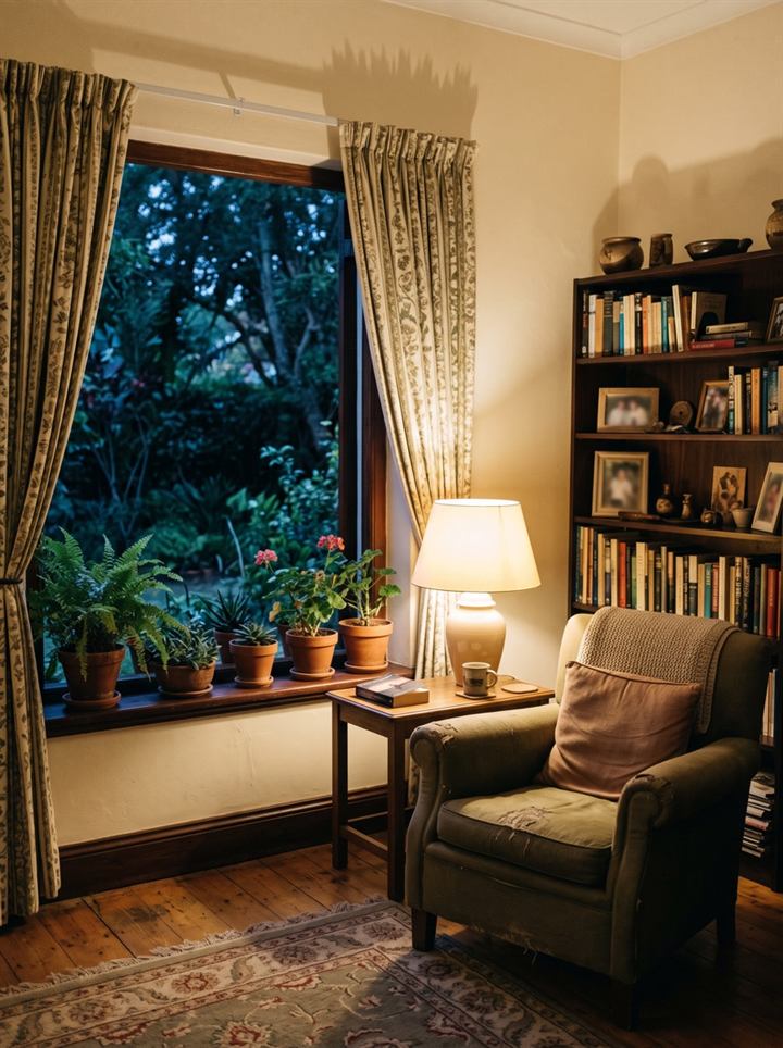 A lamp lit in an occupied home at dusk